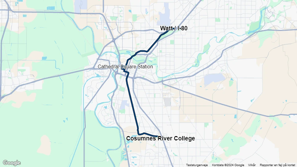 Sacramento tram line Blue: Watt / I-80 - Cosumnes River College route map
