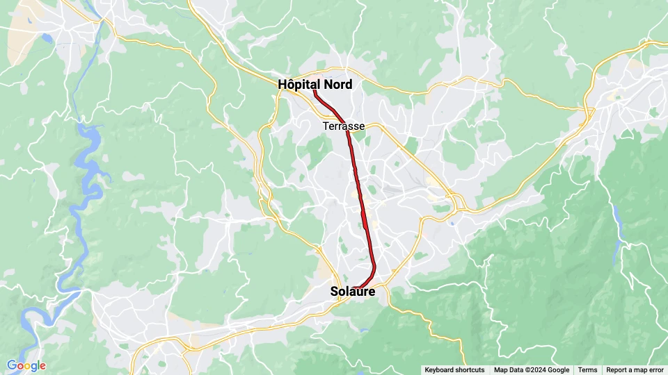 Saint-Étienne tram line T1: Solaure - Hôpital Nord route map