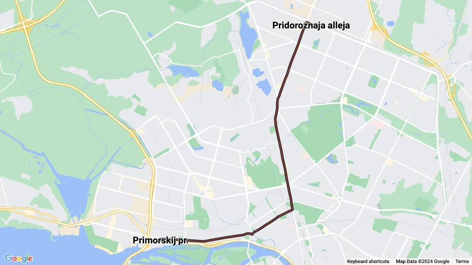 Saint Petersburg tram line 21: Primorskij pr. - Pridorożnaja alleja route map