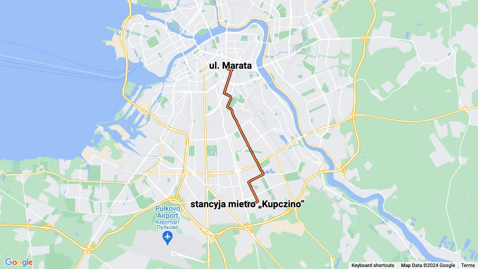 Saint Petersburg tram line 25: stancyja mietro „Kupczino” - ul. Marata route map