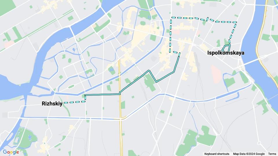 Saint Petersburg tram line 28: Ispolkomskaya - Rizhskiy route map