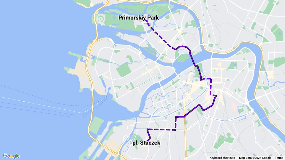 Saint Petersburg tram line 34: pl. Staczek - Primorskiy Park route map
