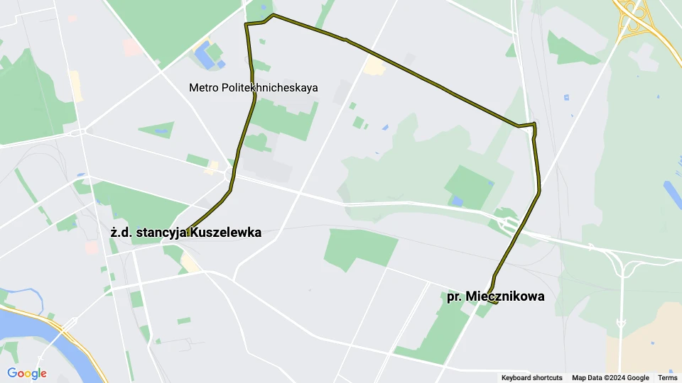 Saint Petersburg tram line 38: ż.d. stancyja Kuszelewka - pr. Miecznikowa route map