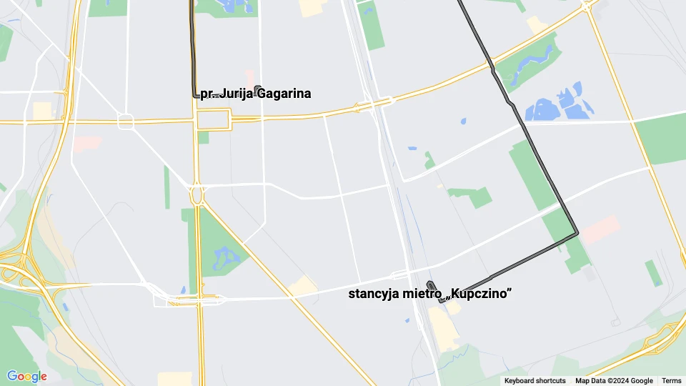 Saint Petersburg tram line 45: stancyja mietro „Kupczino” - pr. Jurija Gagarina route map