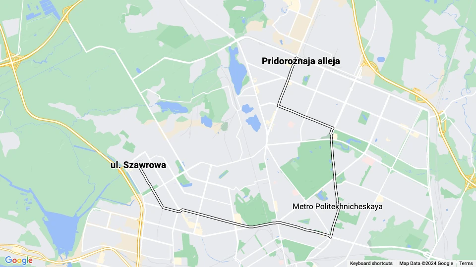 Saint Petersburg tram line 55: Pridorożnaja alleja - ul. Szawrowa route map