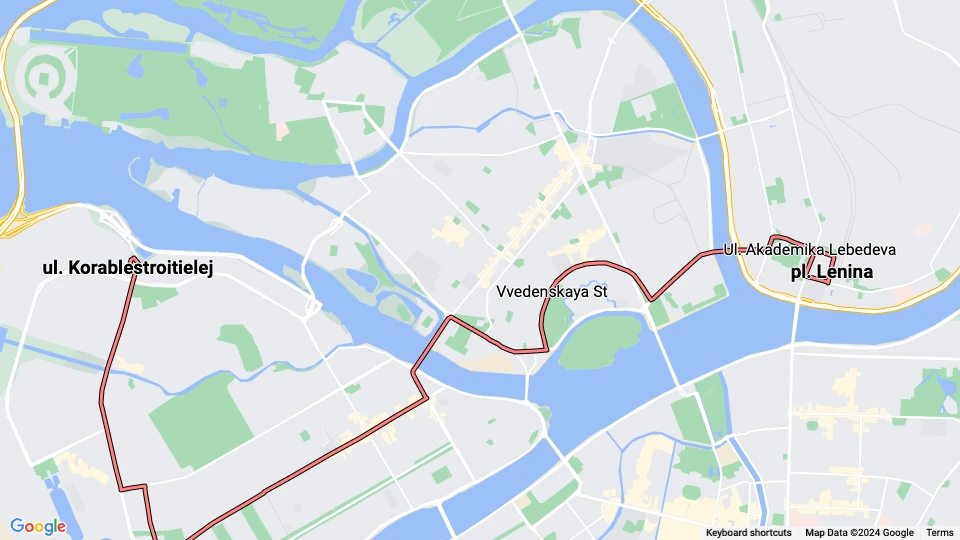 Saint Petersburg tram line 6: ul. Korablestroitielej - pl. Lenina route map