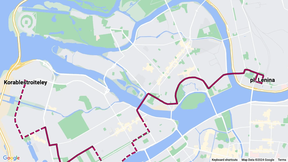 Saint Petersburg tram line 63: pl. Lenina - Korablestroiteley route map
