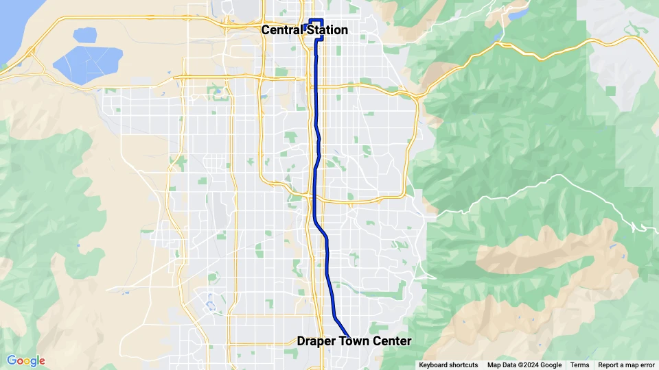 Salt Lake City regional line 701 Blue Line: Draper Town Center - Central Station route map