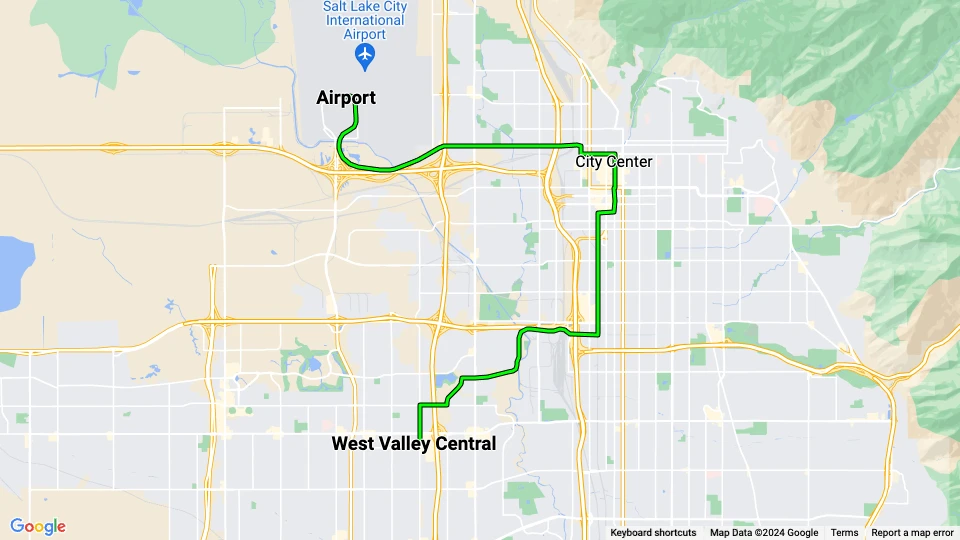 Salt Lake City regional line 704 Green Line: West Valley Central - Airport route map