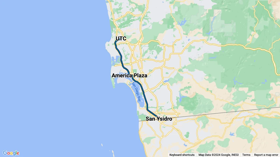 San Diego tram line Blue: UTC - San Ysidro route map
