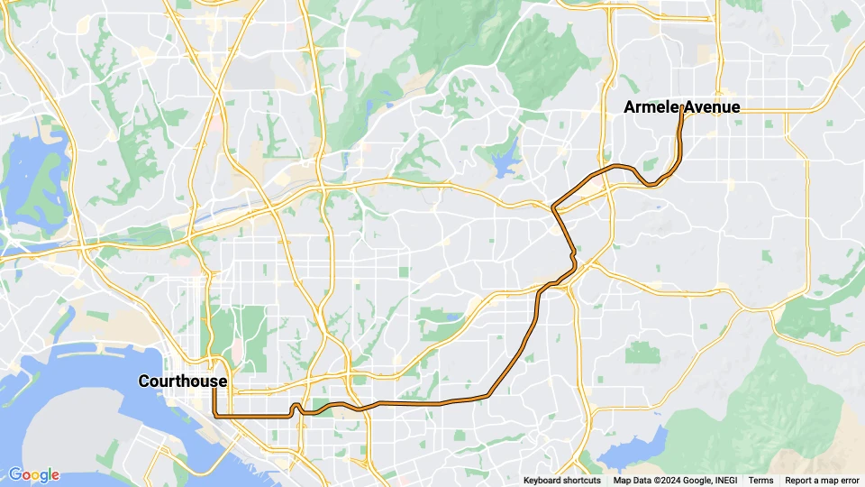 San Diego tram line Orange: Armele Avenue - Courthouse route map