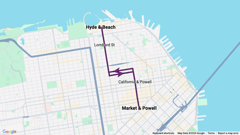 San Francisco cable car Powell-Hyde: Market & Powell - Hyde & Beach route map