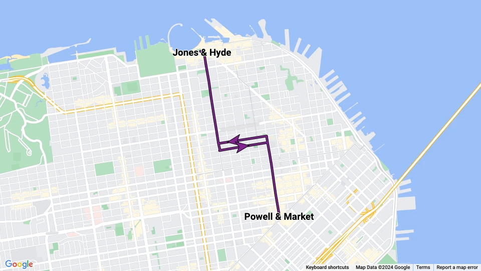 San Francisco cable car Powell-Hyde: Powell & Market - Jones & Hyde route map
