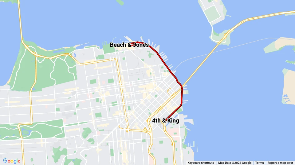 San Francisco E-Embarcadero Steetcar: 4th & King - Beach & Jones route map