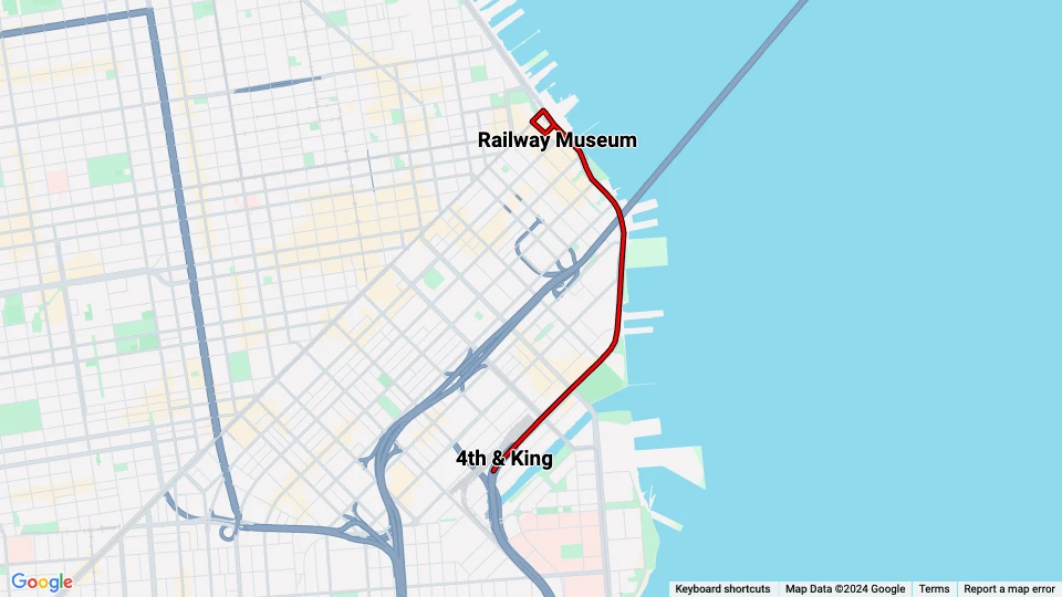 San Francisco E-Embarcadero Steetcar: 4th & King - Railway Museum route map