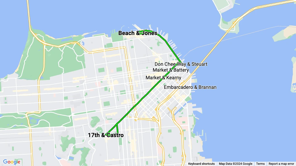 San Francisco F-Market & Wharves: Beach & Jones - 17th & Castro route map