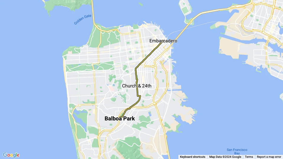 San Francisco tram line J Church: Embarcadero - Balboa Park BART route map