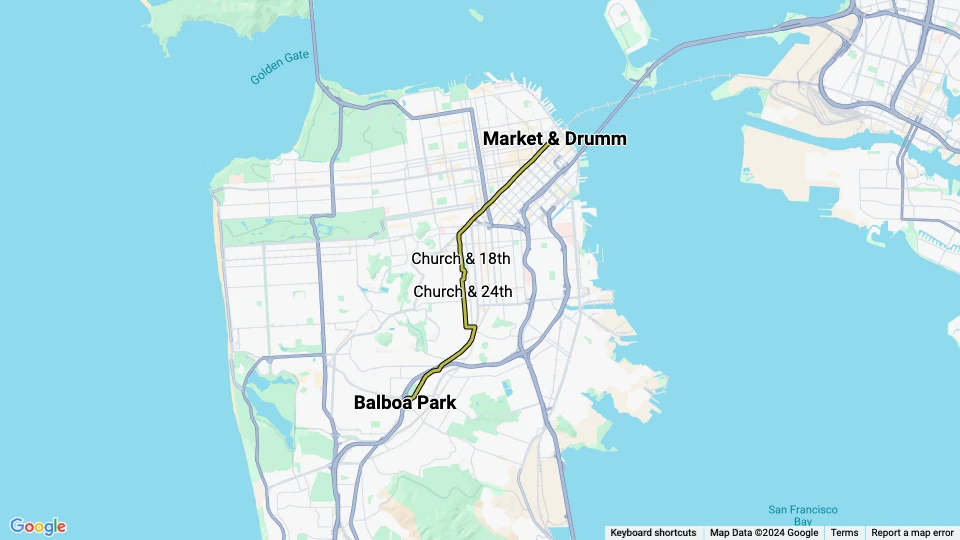 San Francisco tram line J Church: Market & Drumm - Balboa Park route map