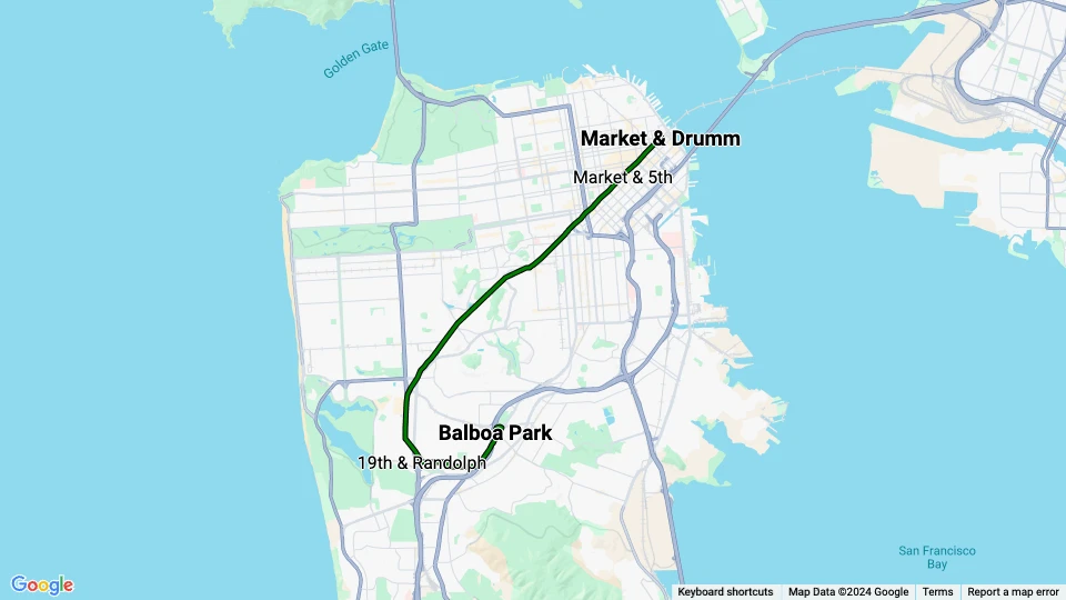 San Francisco tram line M Ocean View: Market & Drumm - Balboa Park route map