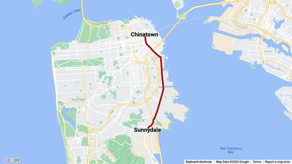 San Francisco tram line T Third Street: Chinatown - Sunnydale st. route map