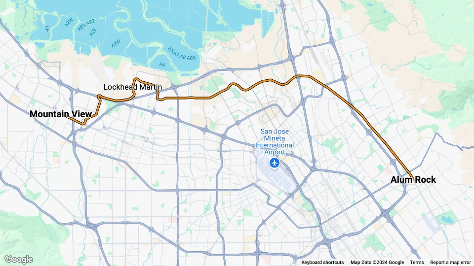 San Jose Orange Line (900): Mountain View - Alum Rock route map