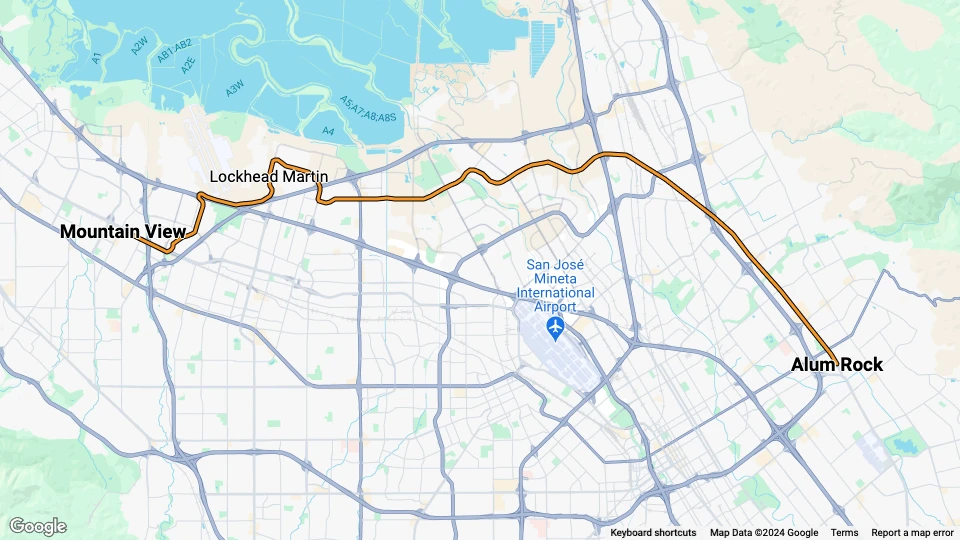 Santa Clara Orange Line (900): Mountain View - Alum Rock route map