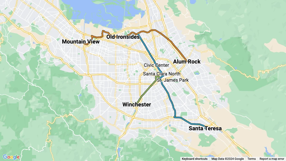 Santa Clara Valley Transportation Authority light rail (VTA) route map