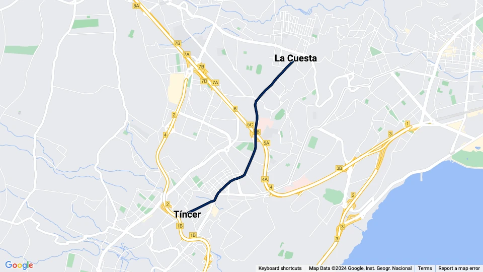 Santa Cruz de Tenerife tram line 2: La Cuesta - Tíncer route map