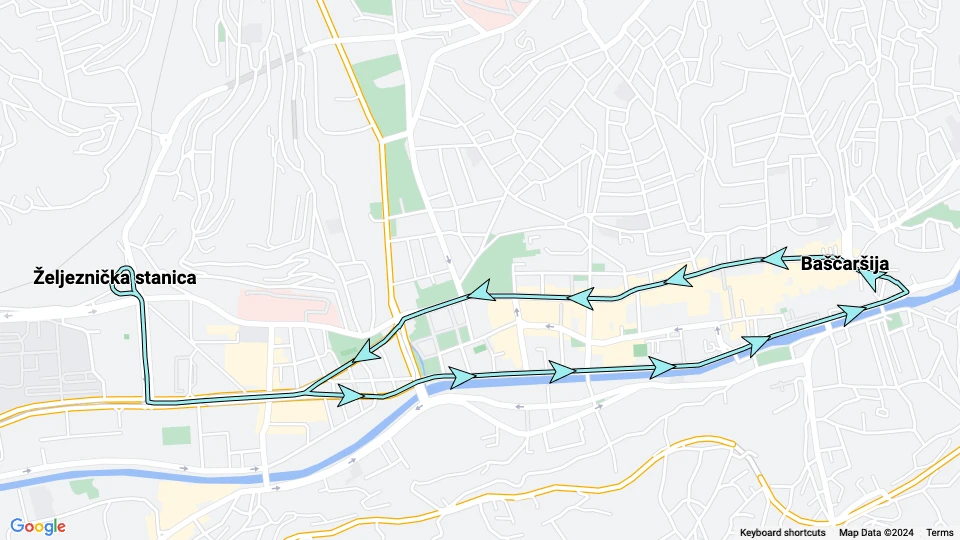 Sarajevo tram line 1: Željeznička stanica - Baščaršija route map