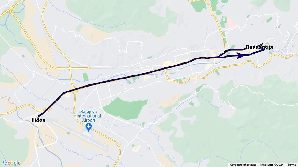 Sarajevo tram line 3: Baščaršija - Ilidža route map