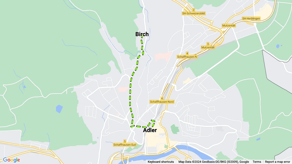 Schaffhausen tram line 2: Birch - Adler route map