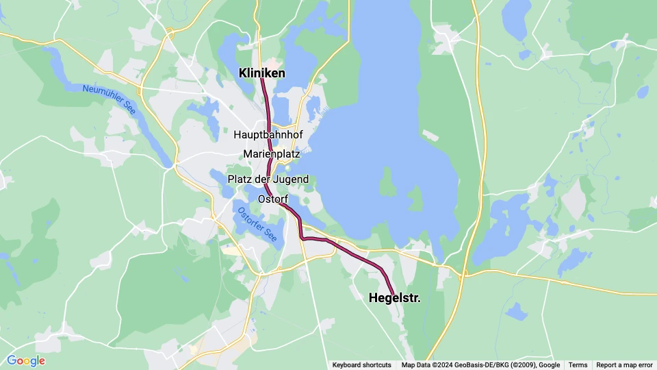 Schwerin tram line 1: Kliniken - Hegelstr. route map