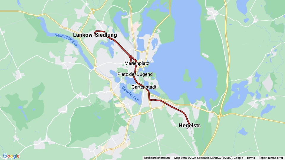 Schwerin tram line 2: Hegelstr. - Lankow-Siedlung route map