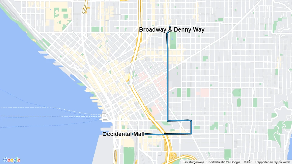Seattle First Hill Streetcar: Broadway & Denny Way - Occidental Mall route map