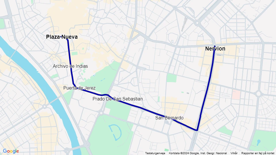 Seville tram line T1: Plaza Nueva - Nervion route map