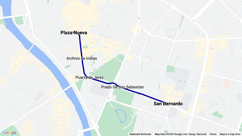 Seville tram line T1: Plaza Nueva - San Bernardo route map