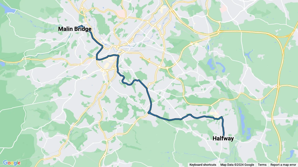 Sheffield Blue Route: Malin Bridge - Halfway route map