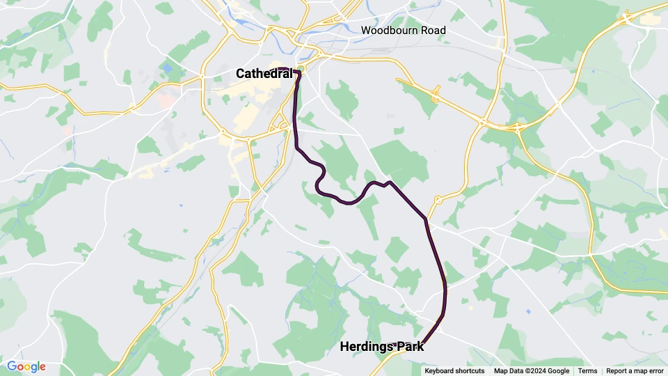 Sheffield Purple Route: Herdings Park - Cathedral route map
