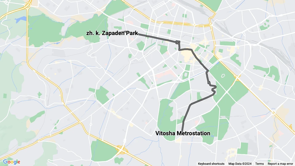 Sofia tram line 10: zh. k. Zapaden Park - Vitosha Metrostation route map