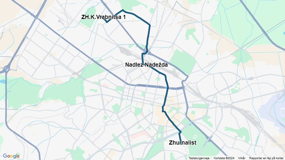 Sofia tram line 12: ZH.K.Vrabnitsa 1 - Zhurnalist route map