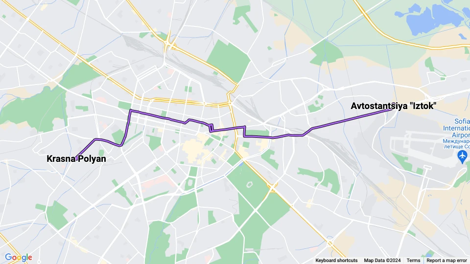 Sofia tram line 22: Krasna Polyan - Avtostantsiya "Iztok" route map