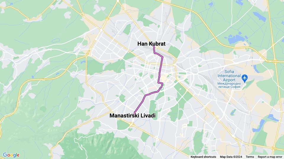 Sofia tram line 7: Han Kubrat - Manastirski Livadi route map