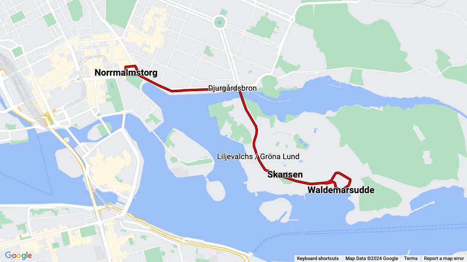 Stockholm Djurgårdslinjen 7N: Norrmalmstorg - Waldemarsudde route map