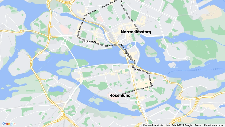Stockholm tram line 1: Norrmalmstorg - Rosenlund route map