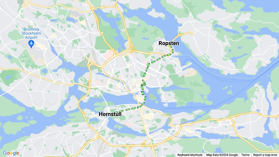 Stockholm tram line 10: Ropsten - Hornstull route map