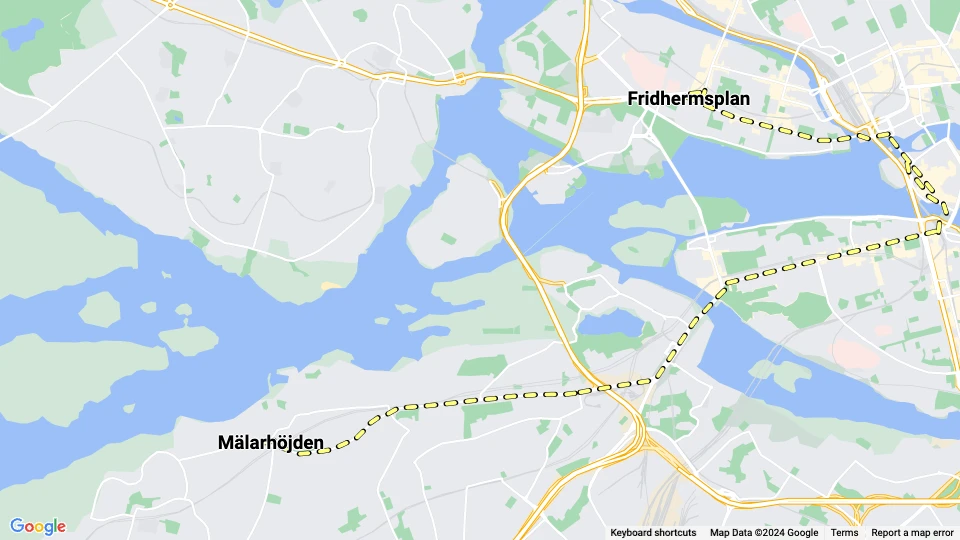 Stockholm tram line 13: Fridhermsplan - Mälarhöjden route map