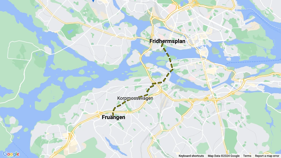 Stockholm tram line 14: Fridhermsplan - Fruängen route map