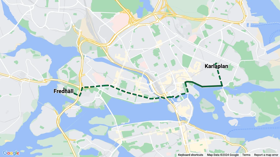 Stockholm tram line 2: Fredhäll - Karlaplan route map