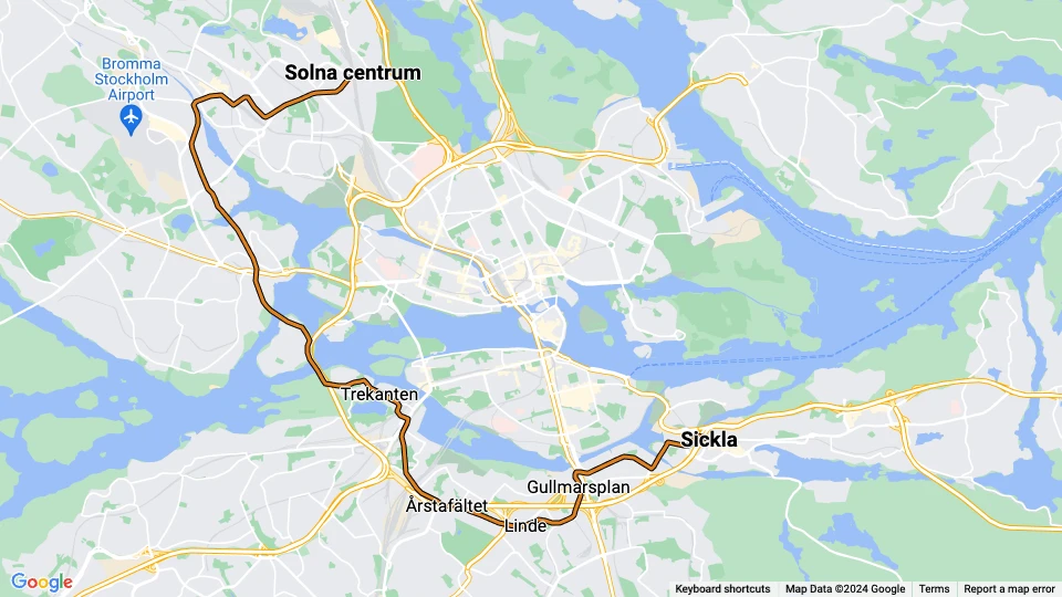 Stockholm tram line 30 Tvärbanan: Solna centrum - Sickla route map