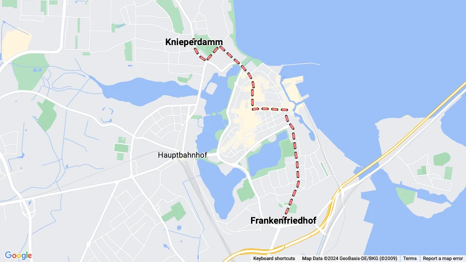 Stralsund tram line 1: Knieperdamm - Frankenfriedhof route map